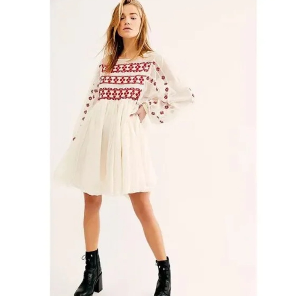Free People Cream and Red Mesh Top